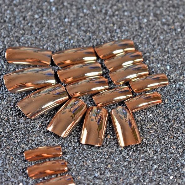 Reflective Mirror Light Soft Pink Metal Plating False French Acrylic Nail Tips Metallic Square Fake Nails Without Nail Glue