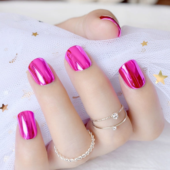 Reflective Mirror Light Soft Pink Metal Plating False French Acrylic Nail Tips Metallic Square Fake Nails Without Nail Glue