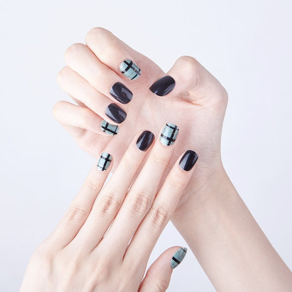 24pcs/set Fake Nails Lattice Grid Design Artificial French Multiple Colors False Nails Tips Press on Nails with Glue Sticker