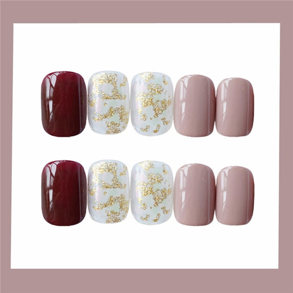 24Pcs Elegant Wine Red Christmas New Year Fake Nails Press on Nail Artificial Nail Tips with Glue Sticker Faux Ongles Unhas Gift