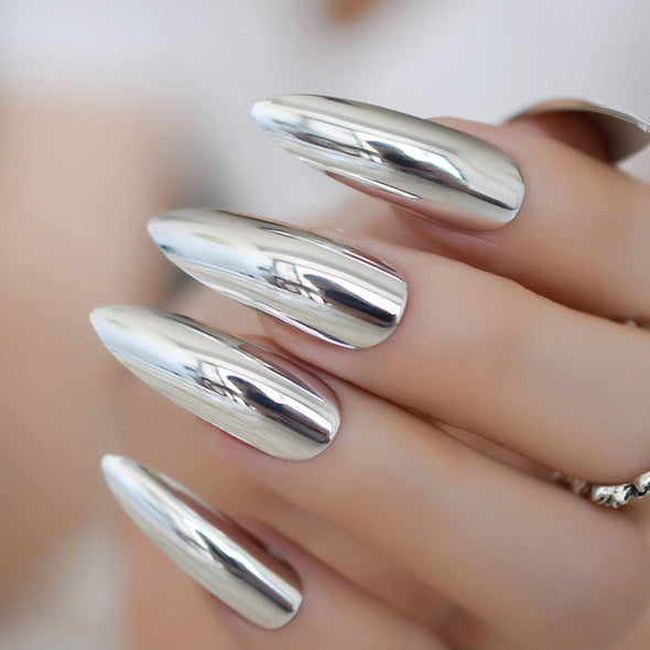 Extra long Stiletto Grey Marble Fake Nails Stone Pattern Pointed Dark Shiny Long Press On False Nails for Finger 24 Count